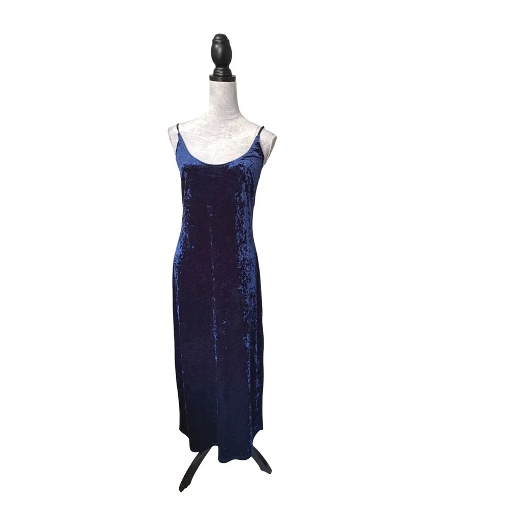 Forever‎ 21 Navy Blue Crushed Velvet Maxi Dress Side Slit Spaghetti Strap Large